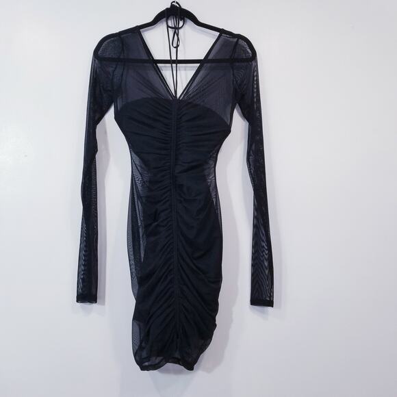 Cinq a Sept Black Ruched Mesh Mini Bodycon Dress Long Sleeves Plunging Neckline - Picture 2 of 12